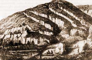 Ipolytarnóc, a „kőmedence“ kovásodott fenyőfa törzse; id. Markó Károly rajza 1840 körül